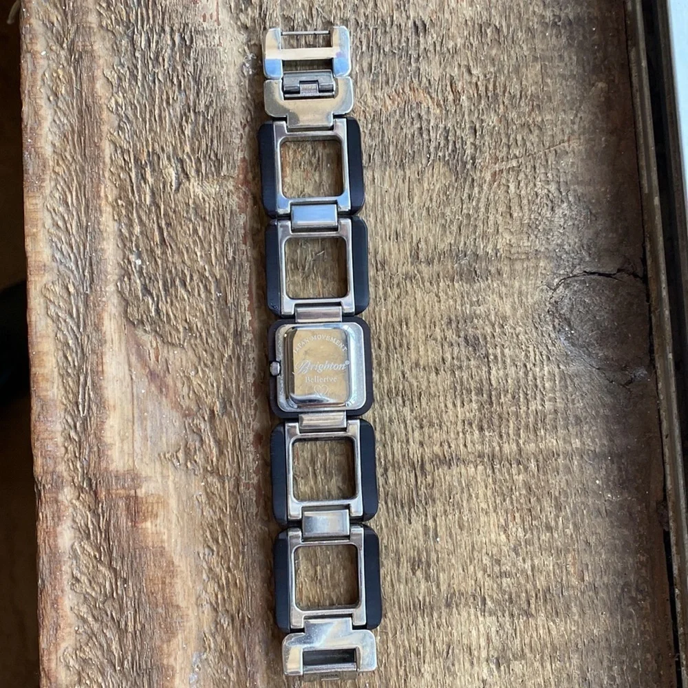 BRIGHTON Bellerive silver and wood etched square‎ chunky link watch
